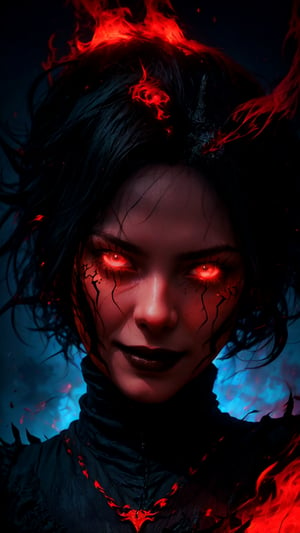 master piece, HD, ultra detailled, high definition, high_res, high_resolution, portrait, woman, empty eyes, looking_at_viewer, little smile, black_sclera, dark room,fantasy00d,RED FIRE GREEN FIRE BLUE FIRE PURPLE FIR,CLOUD,r1ge,Epicrealism