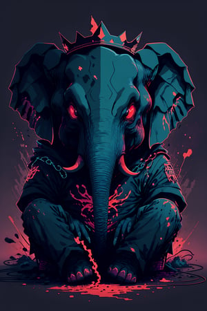 vector style, solo, looking at viewer, horror background, sitting, no humans, a cute Elephant, animal, beautiful, visually stunning, elegant, incredible details, award-winning painting, high contrast, vector art, line art, splatter, flat color, color merge gradient, , (dark black theme:1.2), (white neon color), glowing,red neon, crown, serious, red,tshee00d,white color