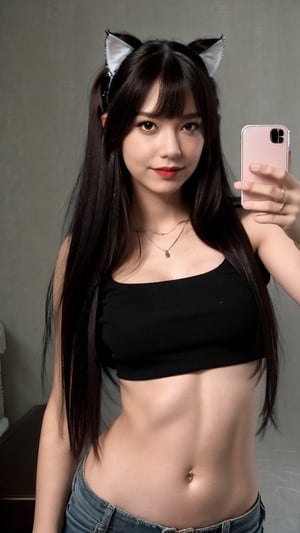 1girl, solo, midriff, portrait photo, naughty smile, long hair, bedroom background, bang hair, (black top), front open, clevage, blunt bang, cat headband, makeup, pouty lips, taking mobile selfie