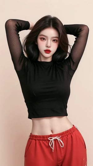  A beautiful teen girl with a skinny body, (dreadlocks hair) , she is wearing a (red designed fishnet top) and (black designed Harem Pants), fashion style clothing. Her toned body suggests her great strength, awesome posing.,Sohwa, white wall background,medium shot,Detailedface