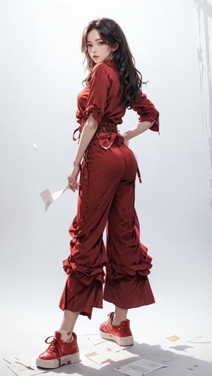 (masterpiece, realistic paper art), 1girl, solo, black long hair, (((red shirt))), (((red long layered Palazzo pants))), (((red waist obi belt))), red socks, red sneakers, Confidence and pride,1 girl ,beauty,Young beauty spirit, realistic, ultra detailed, photo shoot, flat_background