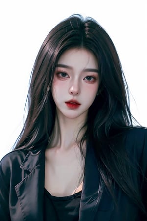 (masterpiece),realistic,anime art,cinematic background, photography shoot 1girl, solo, webtoon art, black hair, open black shirt, twilight, white background, dark theme