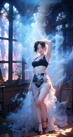 (super detailed), (beautiful background, detailed background),The image features a woman standing in the woods, wearing a black top and holding a large amount of blue smoke. She appears to be dancing or posing with the smoke, creating an artistic and captivating effect. The smoke is billowing out of a large circle, which adds to the visual impact of the scene. The woman's outfit and the smoke create a unique and intriguing atmosphere, drawing the viewer's attention to her presence in the woods.,  light, (((front light,front lighting ))),perfect light,dream like