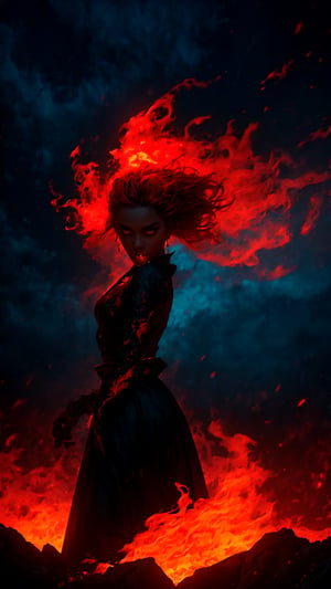 A breathtaking, ultra-high-definition portrait of a mesmerizing woman, bathed in the warm glow of a darkened room. Her empty eyes seem to pierce through the shadows, directly at the viewer, as a subtle, enigmatic smile plays on her lips. The subject's black sclera stands out against the fiery backdrop of RED FIRE GREEN FIRE BLUE FIRE PURPLE FIRE, which crackles and dances around her like a mystical aura. In the distance, CLOUDS drift lazily across the Epicrealism-inspired skies, as the woman's regal presence dominates the frame.