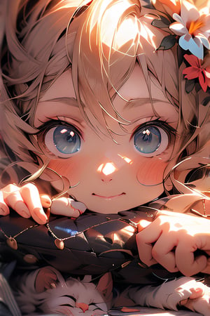 A tender masterpiece of maternal devotion: A 1-year-old baby girl tenderly cradles a curious cat in her arms, their faces inches apart as they gaze into each other's eyes under soft, warm lighting that bathes the scene. PIXIV's signature best quality rendering showcases every whisker and eyelash.