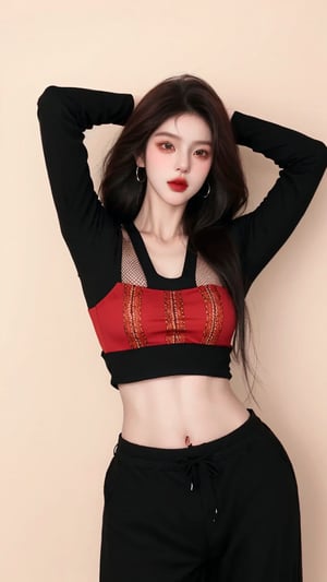  A beautiful teen girl with a skinny body, (dreadlocks hair) , she is wearing a (red designed fishnet top) and (black designed Harem Pants), fashion style clothing. Her toned body suggests her great strength, awesome posing.,Sohwa, white wall background,medium shot,Detailedface,detailedhand