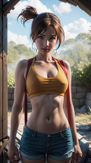 "Generate an realistic image of Misty from the popular anime series 'Pokemon', Misty stands with Savage, her brown hair flowing, and his bright red eyes winked. The scene is set against a backdrop of a lush, navel,Misty_Pokemon