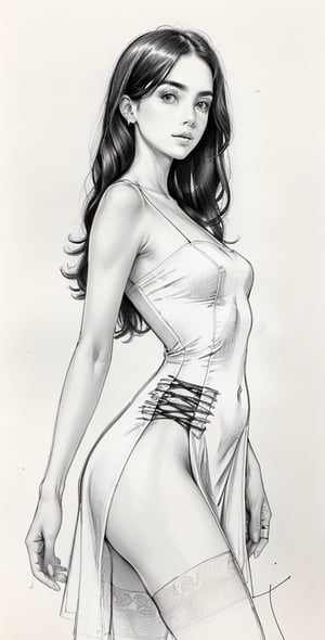 Pencil sketch, a pencil sketch drawing of cute female, summer outfit, Art, black and white sketch, on white art paper, realistic sketch, ultra real sketch, pencil stroke sketch, pencil stroke shadow, perfect real light on paper, xyzsanart01,iinksketch,monochrome, upper_body,Outline,sketch,drawing,wldck,edgSDress,wearing edgSDress