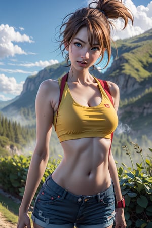 "Generate an realistic image of Misty from the popular anime series 'Pokemon', Misty stands with Savage, her brown hair flowing, and his bright blue eyes winked. The scene is set against a backdrop of a lush sky, Navel, bold, sexy,Misty_Pokemon