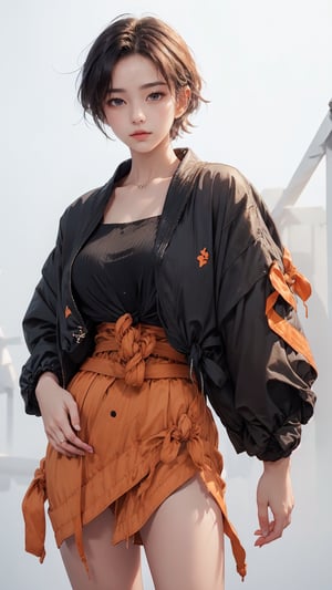 (masterpiece, realistic paper art), 1girl, solo, black short hair, (((black oversized jacket))), (((orange skirt))), (((red waist knot belt))), red socks, sneakers, Confidence and pride,1 girl ,beauty,Young beauty spirit, realistic, ultra detailed, photo shoot,white_background