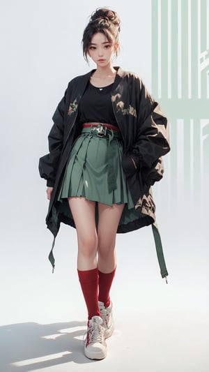 (masterpiece, realistic paper art), 1girl, solo, black ponytail hair, (((black oversized jacket))), (((green skirt))), (((red waist obi belt))), (((red socks))), (((sneakers))), Confidence and pride,1 girl ,beauty,Young beauty spirit, realistic, ultra detailed, photo shoot,white_background