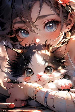 A tender masterpiece of maternal devotion: A 1-year-old baby girl cradles a curious cat in her arms, their faces inches apart as they gaze into each other's eyes. Soft, warm lighting bathes the scene, with PIXIV's signature best quality rendering every whisker and eyelash. The midjourney processing amplifies the textures, making the cat's fur and baby's soft skin almost palpable. The composition is minimalist yet poignant, framing the intimate moment in a shallow depth of field.