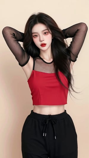  A beautiful teen girl with a skinny body, (dreadlocks hair) , she is wearing a (red designed fishnet top) and (black designed Harem Pants), fashion style clothing. Her toned body suggests her great strength, awesome posing.,Sohwa, white wall background,medium shot,Detailedface