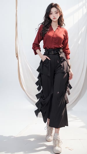 (masterpiece, realistic paper art), 1girl, solo, black long hair, (((red shirt))), (((red long layered Palazzo pants))), (((black waist obi belt))), red socks, sneakers, Confidence and pride,1 girl ,beauty,Young beauty spirit, realistic, ultra detailed, photo shoot, flat_background