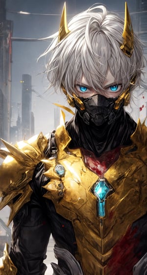 solo male, golden armor, spiky blood white hair,blue eyes,wrenchsmechs