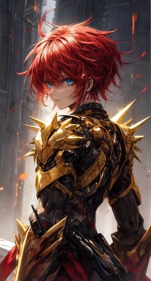solo male, golden armor, spiky blood red hair,blue eyes,wrenchsmechs