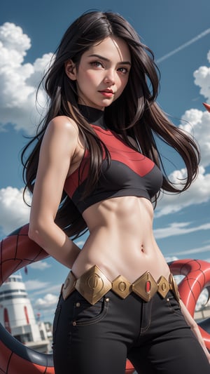 "Generate an realistic image of lucy from the popular anime series 'Pokemon', lucy stands with Savage, her brown hair flowing, and his bright red eyes winked. The scene is set against a backdrop of a lush sky, navel,lucy (pokemon)