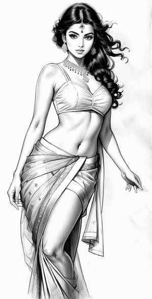 Pencil sketch, a pencil sketch drawing of cute women, indian saree outfit, dynamic posing, Art, black and white sketch, on white art paper, realistic sketch, ultra real sketch, pencil stroke sketch, pencil stroke shadow, perfect real light on paper, xyzsanart01,iinksketch,monochrome, upper_body,Outline,sketch,drawing,2D
