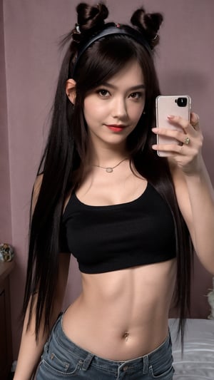 1girl, solo, midriff, portrait photo, naughty smile, long hair, bedroom background, bang hair, (black top), front open, clevage, blunt bang, cat headband, makeup, pouty lips, taking mobile selfie