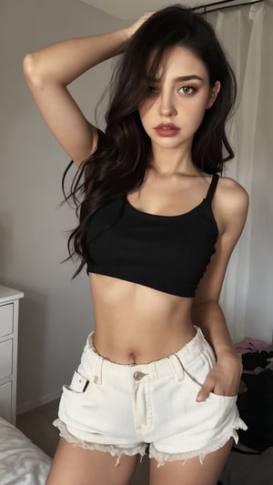 1girl, solo, midriff, portrait photo, long hair, mess bedroom background, bang hair, yellow tank top, front open, clevage, black shorts, blunt bang, makeup, pouty lips, hands on pocket, mobile click photo