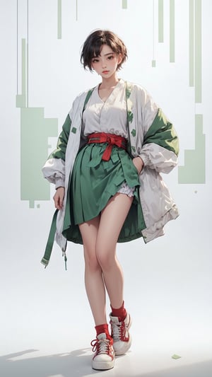 (masterpiece, realistic paper art), 1girl, solo, black short hair, (((white oversized jacket))), (((green skirt))), (((red waist obi belt))), (((red socks))), (((sneakers))), Confidence and pride,1 girl ,beauty,Young beauty spirit, realistic, ultra detailed, photo shoot,white_background