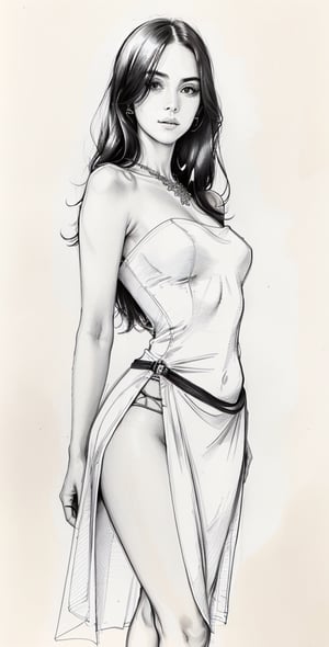 Pencil sketch, a pencil sketch drawing of cute female, summer outfit, Art, black and white sketch, on white art paper, realistic sketch, ultra real sketch, pencil stroke sketch, pencil stroke shadow, perfect real light on paper, xyzsanart01,iinksketch,monochrome, upper_body,Outline,sketch,drawing,wldck,edgSDress,wearing edgSDress