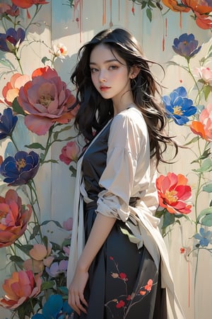 extreme detailed, (masterpiece), (top quality), (best quality), (official art), (beautiful and aesthetic:1.2), (stylish pose), (1 woman), (colorful), (art wall background), ppcp, medium length skirt, 	looking into distance, long wavy black hair,
perfect,ChineseWatercolor Painting,Chromaspots