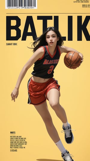 Against a warm, golden background, a stunning young woman with long black hair and confident gaze proudly holds a basketball in one hand. She wears a sleek black top, bold red shorts, and matching socks that add a pop of color to her overall look. Her bright red sneakers seem to radiate energy and enthusiasm. The ultra-realistic paper art masterpiece captures the subject's beauty and youthful spirit with meticulous detail, as if plucked straight from a basketball magazine cover or poster.,magazine cover