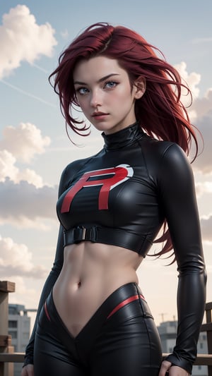"Generate an realistic image of Jessie suit from the popular anime series 'Pokemon', Jessie stands with Savage, her red hair flowing, and his bright red eyes winked. The scene is set against a backdrop of a lush sky, Navel,jessie(pokemon),jessie