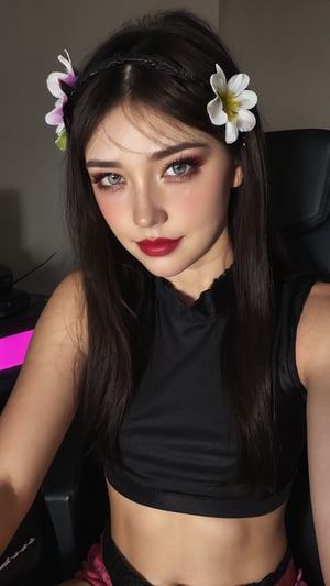 1girl, solo, (midriff:1.2), portrait photo, naughty smile, long hair, gaming room background, sitting on gaming chair, bang hair, blunt bang, flower headband, makeup, pouty lips, low light, night light