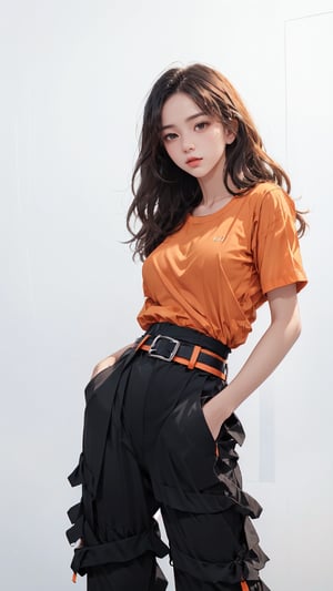(masterpiece, realistic paper art), 1girl, solo, black long hair, (((orange shirt))), (((black long layered Heram pants))), (((red waist obi belt))), red socks, red sneakers, Confidence and pride,1 girl ,beauty,Young beauty spirit, realistic, ultra detailed, photo shoot,(brilliant composition),white_background