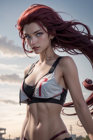 "Generate an realistic image of lucy from the popular anime series 'Pokemon', lucy stands with Savage, her red hair flowing, and his bright red eyes winked. The scene is set against a backdrop of a lush sky, Navel, bold, sexy,jessie(pokemon),jessie