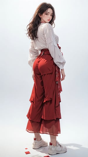 (masterpiece, realistic paper art), 1girl, solo, black long hair, (((white shirt))), (((red long layered Palazzo pants))), (((red waist obi belt))), red socks, red sneakers, Confidence and pride,1 girl ,beauty,Young beauty spirit, realistic, ultra detailed, photo shoot, flat_background,back looking