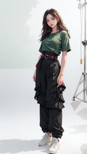 (masterpiece, realistic paper art), 1girl, solo, black long hair, (((green shirt))), (((black long layered Heram pants))), (((red waist obi belt))), red socks, red sneakers, Confidence and pride,1 girl ,beauty,Young beauty spirit, realistic, ultra detailed, photo shoot,(brilliant composition),white_background