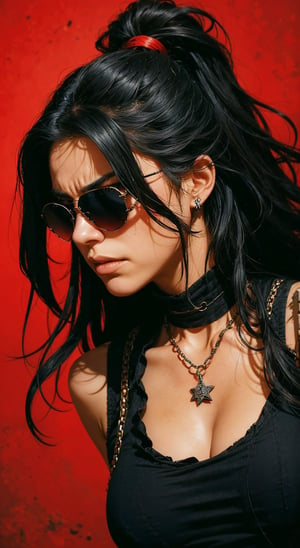 A gritty cowboy-inspired shot featuring a lone female prisoner, dressed in striped prison attire and adorned with jewelry. She stands tall, gazing directly at the viewer with a mix of defiance and vulnerability. Her long, wavy black hair is messy, framing her closed-mouthed expression. Dark sunglasses cover her eyes, adding to her tough exterior. A chain necklace glimmers around her neck, as her full lips remain pressed together. The red background casts a bold, fiery glow, contrasting with the somber tone of the prisoner's attire and expression.