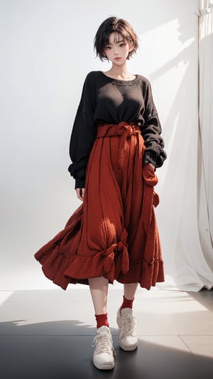 (masterpiece, realistic paper art), 1girl, solo, black short hair, (((black oversized sweater))), (((red long skirt))), (((red waist knot belt))), red socks, sneakers, Confidence and pride,1 girl ,beauty,Young beauty spirit, realistic, ultra detailed, photo shoot, chromatic_background