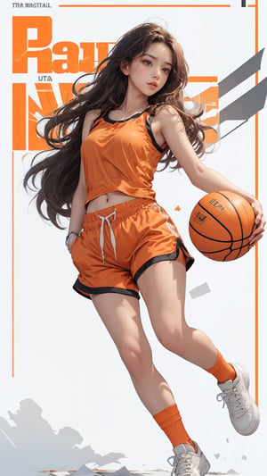 (masterpiece, realistic paper art), 1girl, solo, hold basketball, black long hair, (((orange top))), (((red basketball shorts))), red long socks, red sneakers, Confidence and pride,1 girl ,beauty,Young beauty spirit, realistic, ultra detailed, photo shoot, basketball magazine poster background