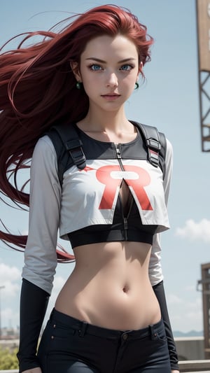 "Generate an realistic image of Jessie suit from the popular anime series 'Pokemon', Jessie stands with Savage, her red hair flowing, and his bright red eyes winked. The scene is set against a backdrop of a lush sky, Navel,jessie(pokemon),jessie