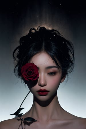 RAW photo,(dramatic light vibe), cinematic film still fashion photography portrait of 1girl with neutral face, black rose over her eye, lots of flowers on her around, grainy, flawless hairs, (minimalist abstraction), (subtle gradient backdrop), (tranquil yet evocative), (conceptual portraiture), (play on perception), (surreal calm), (visual metaphor), unfolds with haunting beauty, enveloped in a moody and melancholic atmosphere (thoughts materializing), (play on perception),, dramatic shadows, cinematic lights, insane details, (masterpiece, high quality, 8K, high_res), beautiful composition, (cinematic lights), (finely detailed face), (close eyes), epic, masterpiece,eyes_closed (brilliant composition),FlowerOverEye,black rose,midjourney