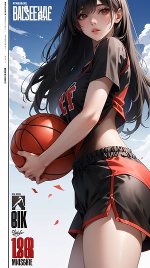 (masterpiece, realistic paper art), 1girl, solo, hold basketball, black long hair, (((black top))), (((red basketball shorts))), red long socks, red sneakers, Confidence and pride,1 girl ,beauty,Young beauty spirit, realistic, ultra detailed, photo shoot, basketball magazine poster,magazine cover