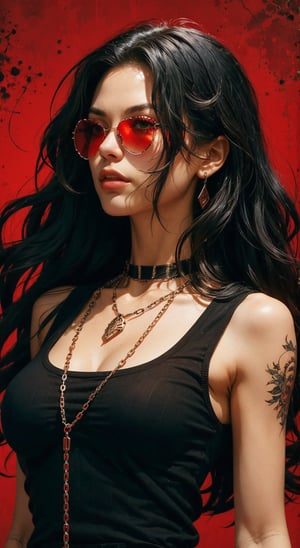 A gritty cowboy-inspired shot featuring a lone female prisoner, dressed in striped prison attire and adorned with jewelry. She stands tall, gazing directly at the viewer with a mix of defiance and vulnerability. Her long, wavy black hair is messy, framing her closed-mouthed expression. Dark sunglasses cover her eyes, adding to her tough exterior. A chain necklace glimmers around her neck, as her full lips remain pressed together. The red background casts a bold, fiery glow, contrasting with the somber tone of the prisoner's attire and expression.