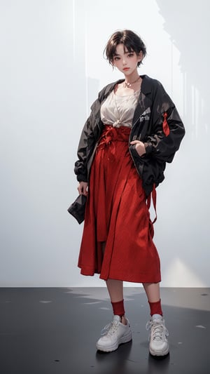(masterpiece, realistic paper art), 1girl, solo, black short hair, (((black oversized jacket))), (((red long skirt))), (((red waist knot belt))), red socks, sneakers, Confidence and pride,1 girl ,beauty,Young beauty spirit, realistic, ultra detailed, photo shoot, chromatic_background