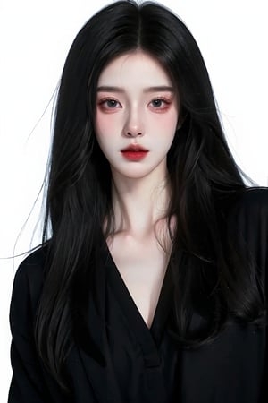 (masterpiece),realistic,anime art,cinematic background, photography shoot 1girl, solo, webtoon art, black hair, open black shirt, twilight, white background