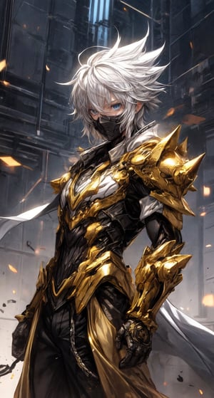 solo male, golden armor, spiky white hair,blue eyes,wrenchsmechs
