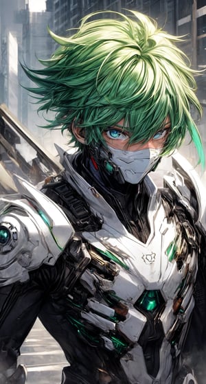solo male, white armor, spiky green hair,blue glow eyes,wrenchsmechs