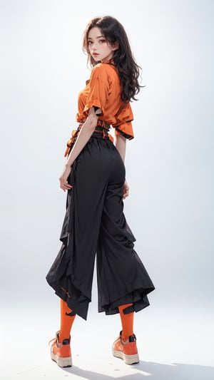 (masterpiece, realistic paper art), 1girl, solo, black long hair, (((orange shirt))), (((red long layered Palazzo pants))), (((red waist obi belt))), red socks, red sneakers, Confidence and pride,1 girl ,beauty,Young beauty spirit, realistic, ultra detailed, photo shoot, flat_background,back looking
