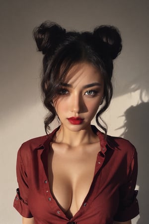 1girl, solo, looking at viewer, dark cinematic background, black hair, white background, cowboy shot, hair bang, red shirt, front open, clevage, single hair bun, red lips, open shirt, dark theme