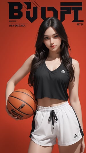 Against a warm, red background, a stunning young woman with long black hair and confident gaze proudly holds a basketball in one hand. She wears a sleek black top, bold white shorts, and matching socks that add a pop of color to her overall look. Her bright red sneakers seem to radiate energy and enthusiasm. The ultra-realistic paper art masterpiece captures the subject's beauty and youthful spirit with meticulous detail, as if plucked straight from a basketball magazine cover or poster.,((magazine cover background)),magazine cover 
