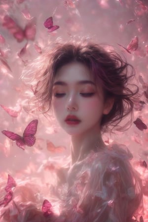 RAW photo,(pink light vibe), cinematic film still fashion photography portrait of 1girl with neutral face, colorful butterflies flying her around, grainy, flawless hairs, (minimalist abstraction), (subtle gradient backdrop), (tranquil yet evocative), (conceptual portraiture), (play on perception), (surreal calm), (visual metaphor), unfolds with haunting beauty, enveloped in a moody and melancholic atmosphere (thoughts materializing), (play on perception),, dramatic shadows, cinematic lights, insane details, (masterpiece, high quality, 8K, high_res), beautiful composition, (cinematic lights), (finely detailed face), (close eyes), epic, masterpiece,eyes_closed (brilliant composition)