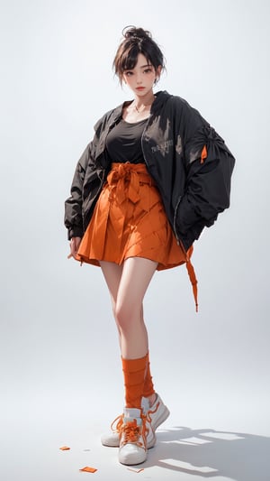 (masterpiece, realistic paper art), 1girl, solo, black short hair, (((black oversized jacket))), (((orange skirt))), (((red waist knot belt))), (((red socks))), (((sneakers))), Confidence and pride,1 girl ,beauty,Young beauty spirit, realistic, ultra detailed, photo shoot,white_background